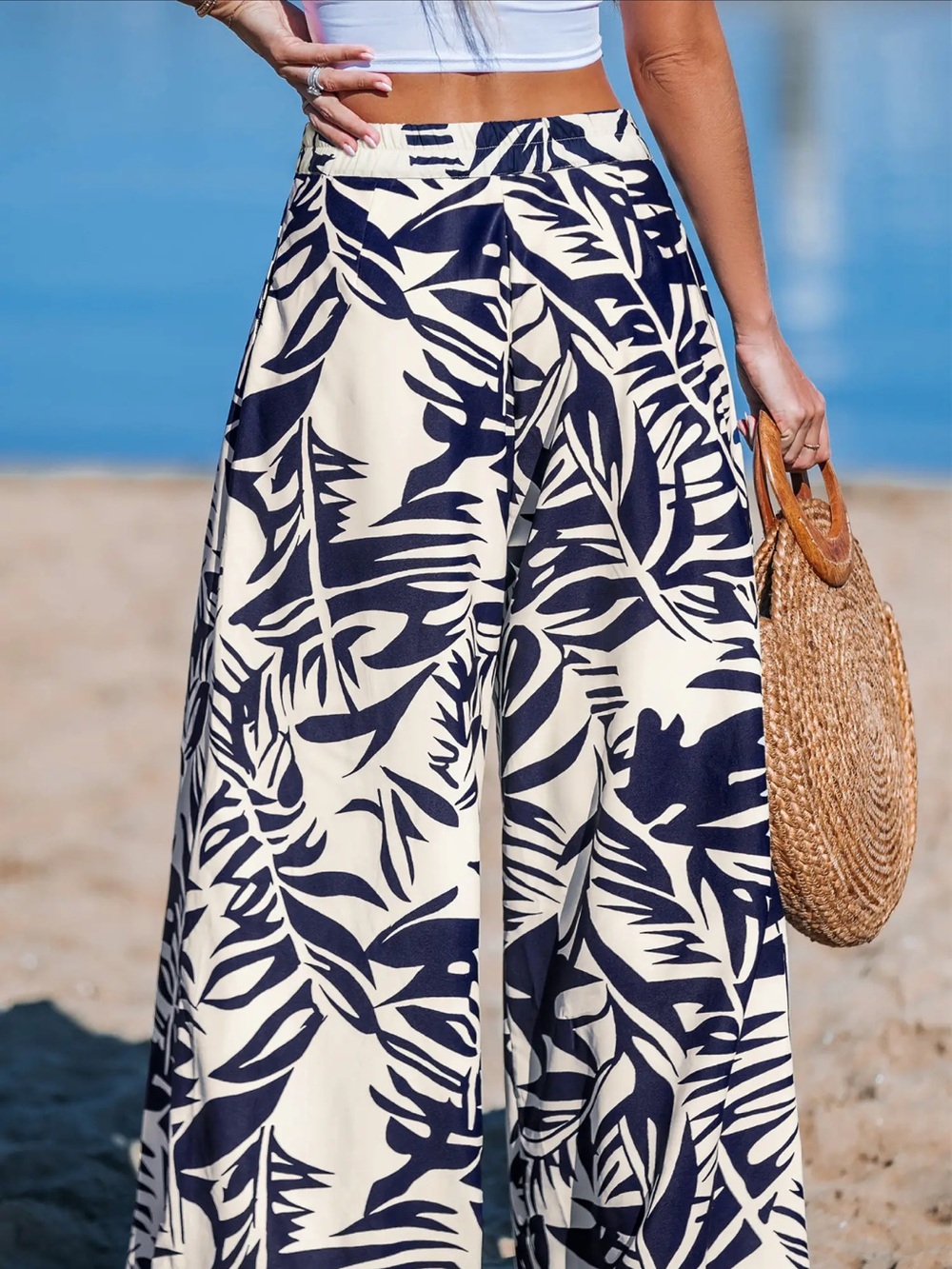 Cupshe High-Waist Navy & Cream Tropical Wide-Leg Pants - Picture 3 of 5
